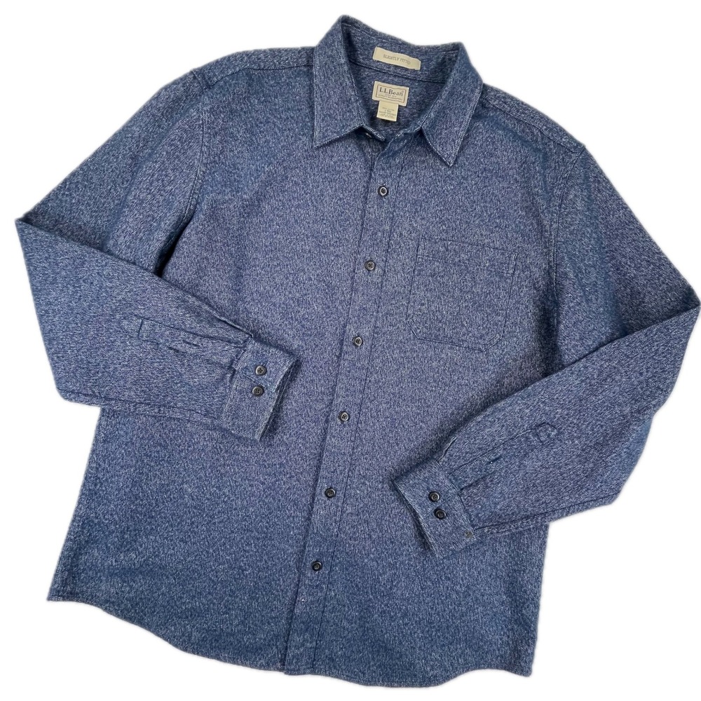 LL Bean Slightly Fitted Blue Textured Cotton Shirt L Blue Long Sleeve Button Up